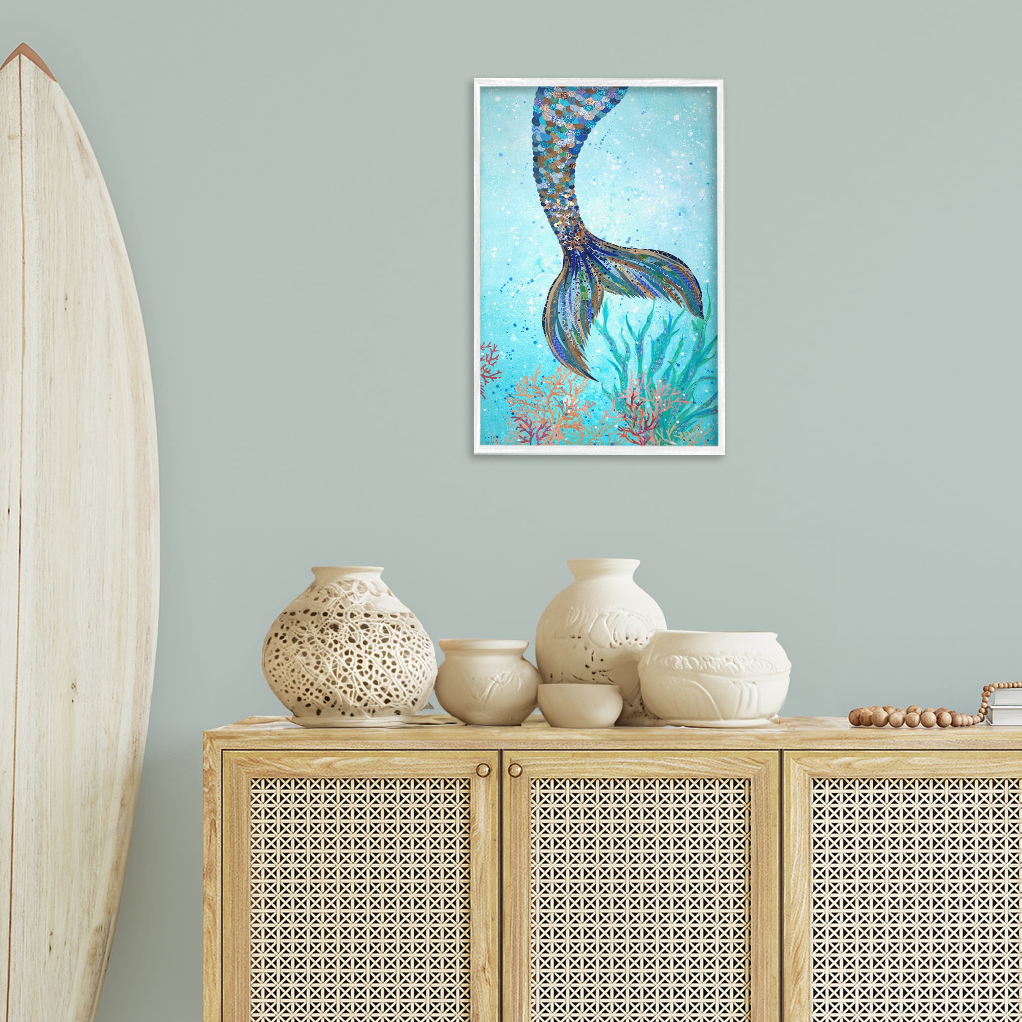 Stupell Industries Tall Tails Mermaid Fairy Tales & Fantasy Painting White Framed Art Print Wall Art, 16 x 24