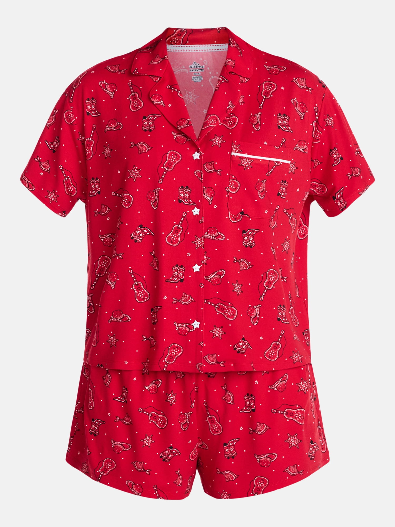 Country Festival Fourth of July Women's Notch Top and Shorts Pajama Set from Way to Celebrate, 2-Piece, Sizes XS-3X