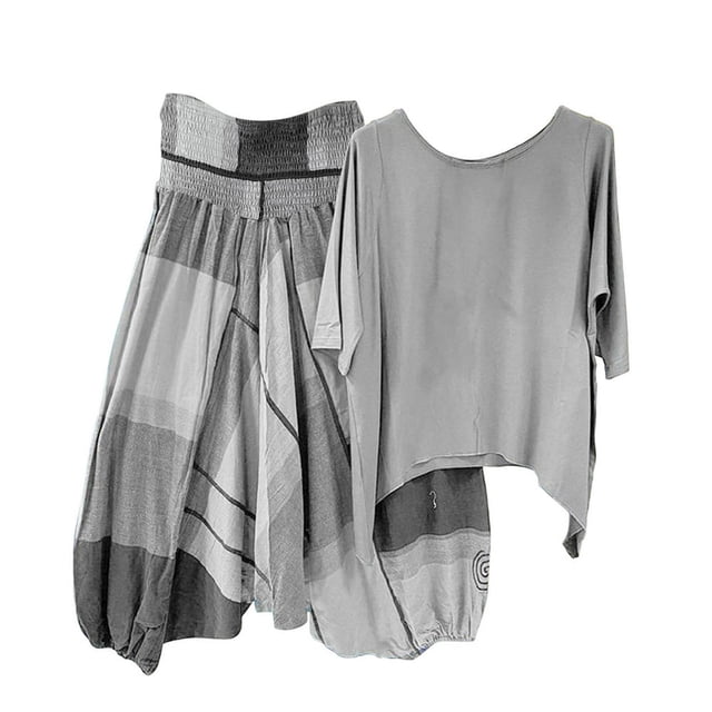 PENGXIANG Ensemble 2 Pcs pour Femmes Été Imprimé Col Rond Manches Mi-Longues Pull + Pantalon