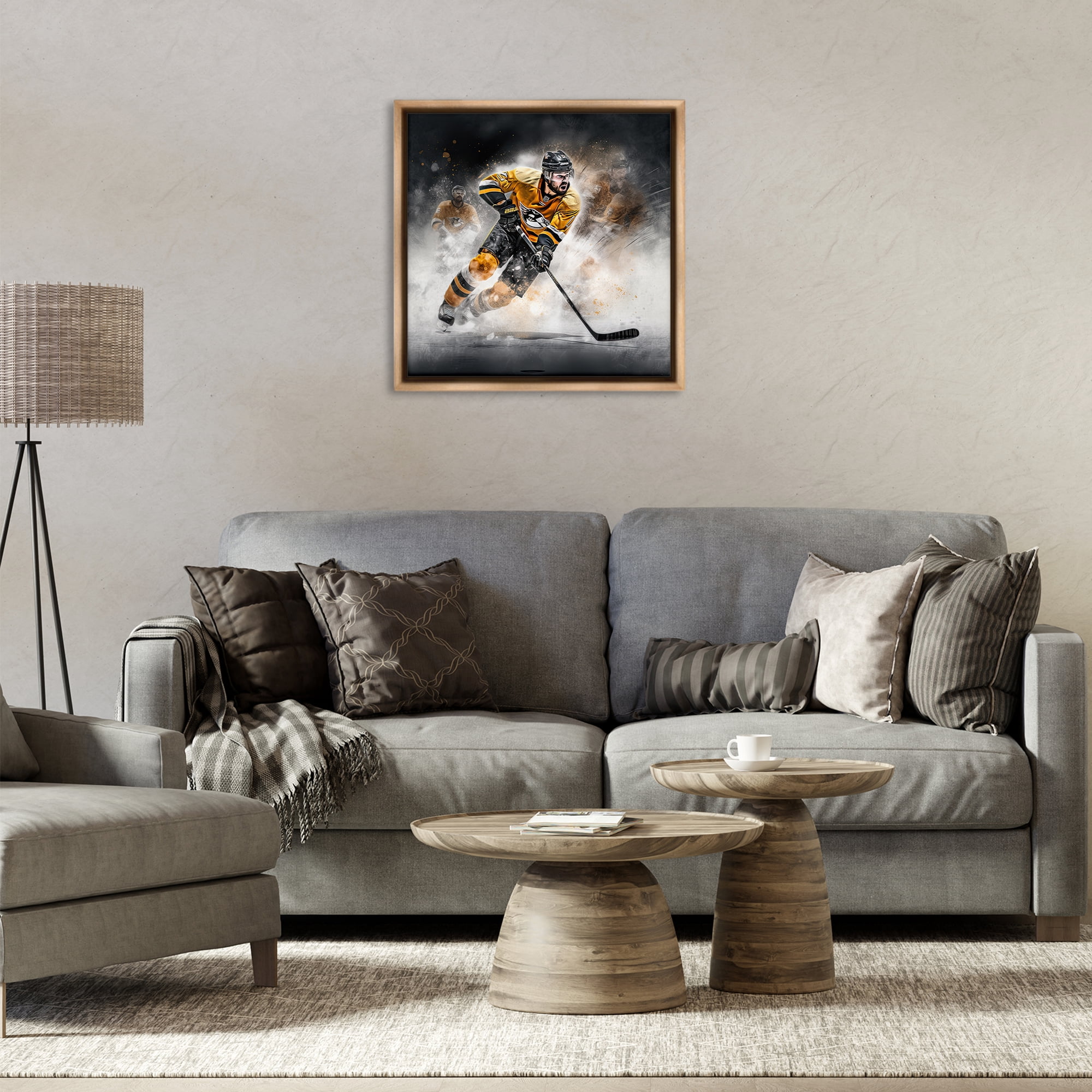 Stupell Industries Hockey Player Athlete People Painting Brown Floater Framed Canvas Art Print Wall Art, 25 x 25
