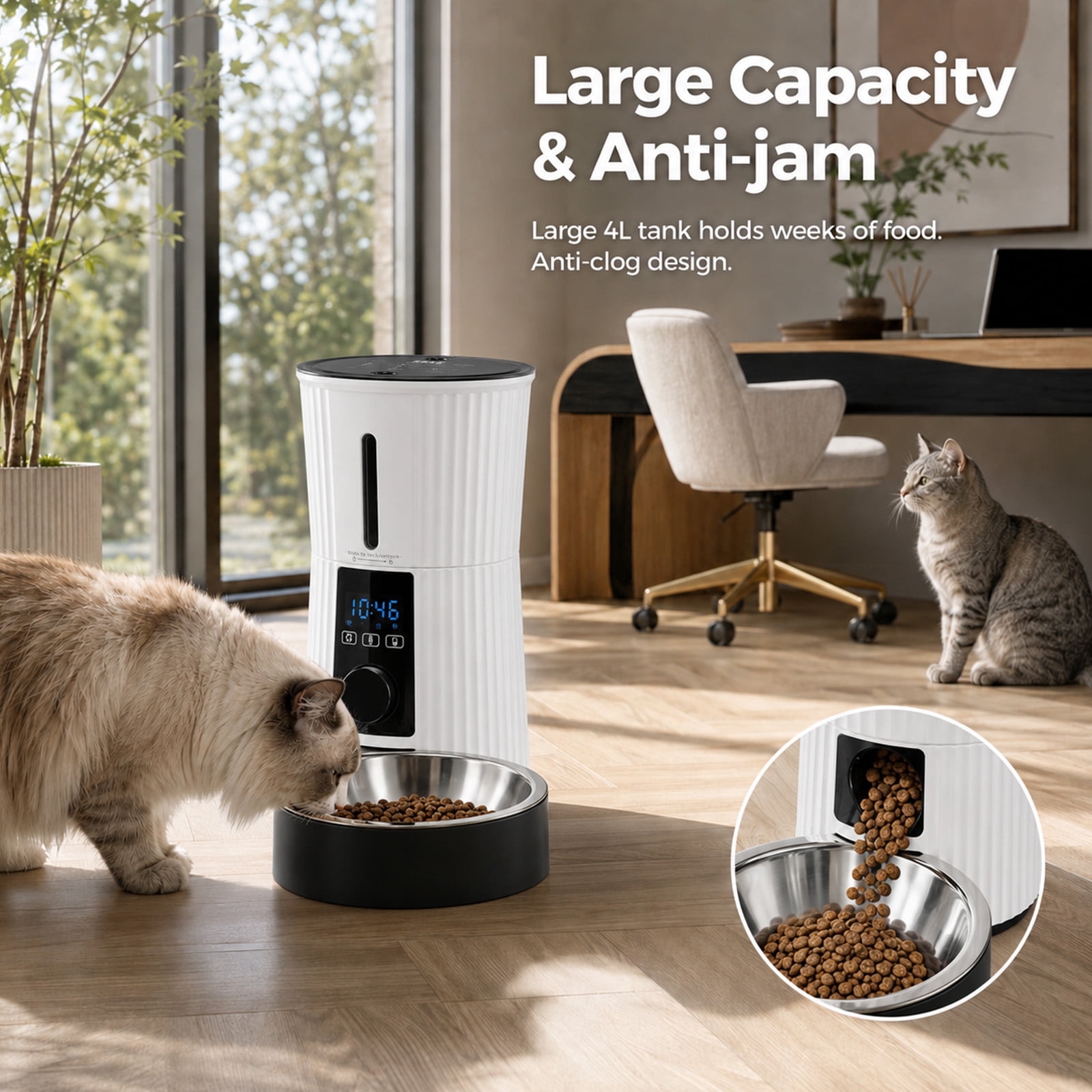 Alvantor Timed Automatic Cat Feeder, 4L Programable Dry Food Dispenser with Desiccant Bag Dual Power Supply 10S Voice Recorder, Smart Pet Feeder for Cats and Small Medium Dogs