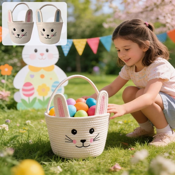 Beautynvta Easter Bunny Basket, Small Bunny Woven Basket with Handle, Easter Gifts Basket Egg Hunt Baskets, Holiday Decorative Storage Basket, Blue