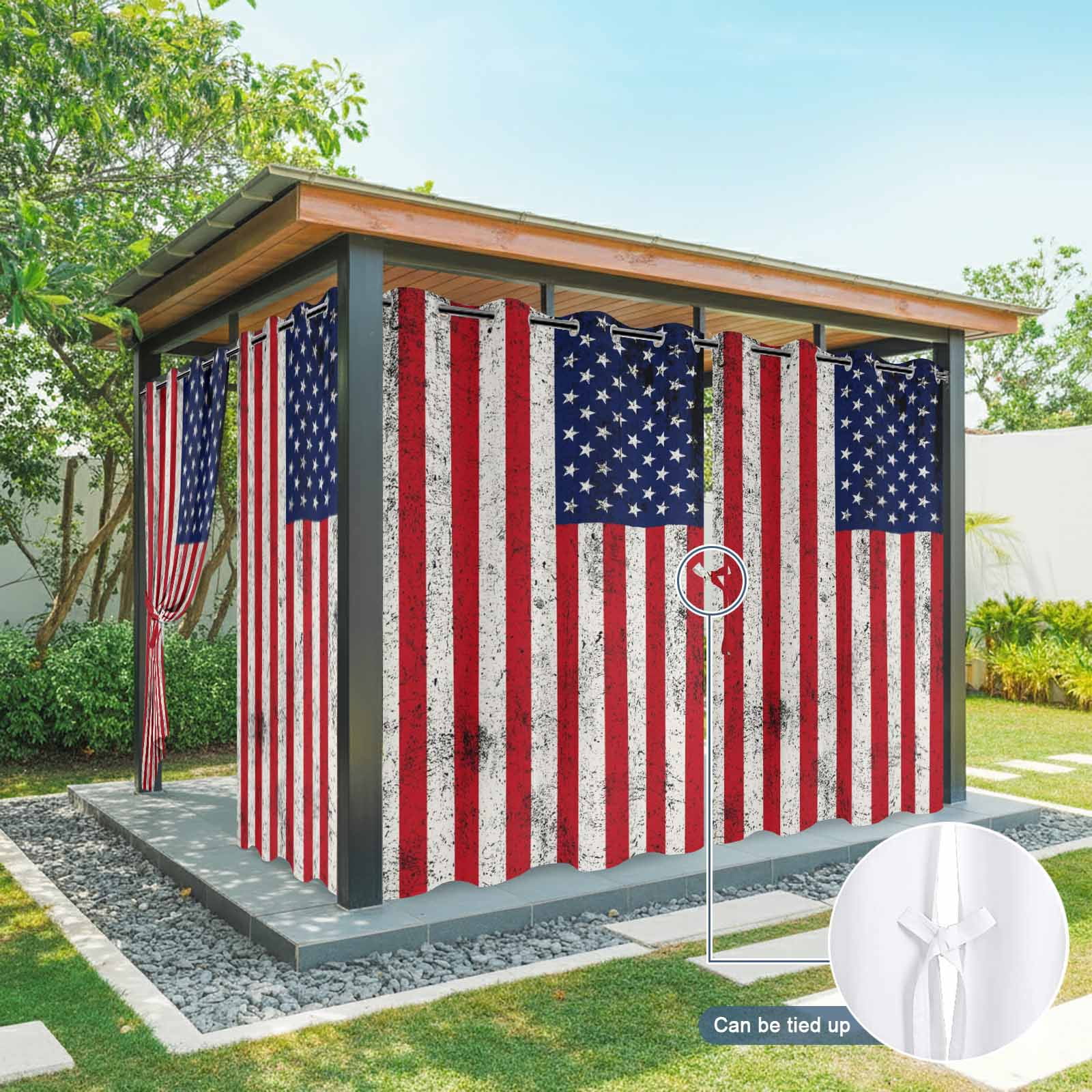 Independence Day Outdoor Curtains for Patio, American Flag Star Red Stripes Vintage Sunshade Privacy Drapes Grommet Waterproof Outside Curtains for Porch/Cabana/Balcony 54"x 108", 1 Panel