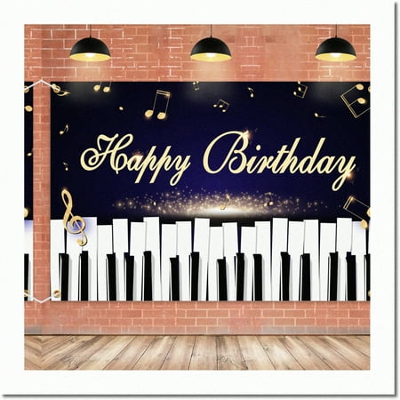 Image of Melody Magic Birthday Party Backdrop - Black Gold Musical Notes Keys Theme Decorations for Adult & Children - Piano Happy Birthday Supplies