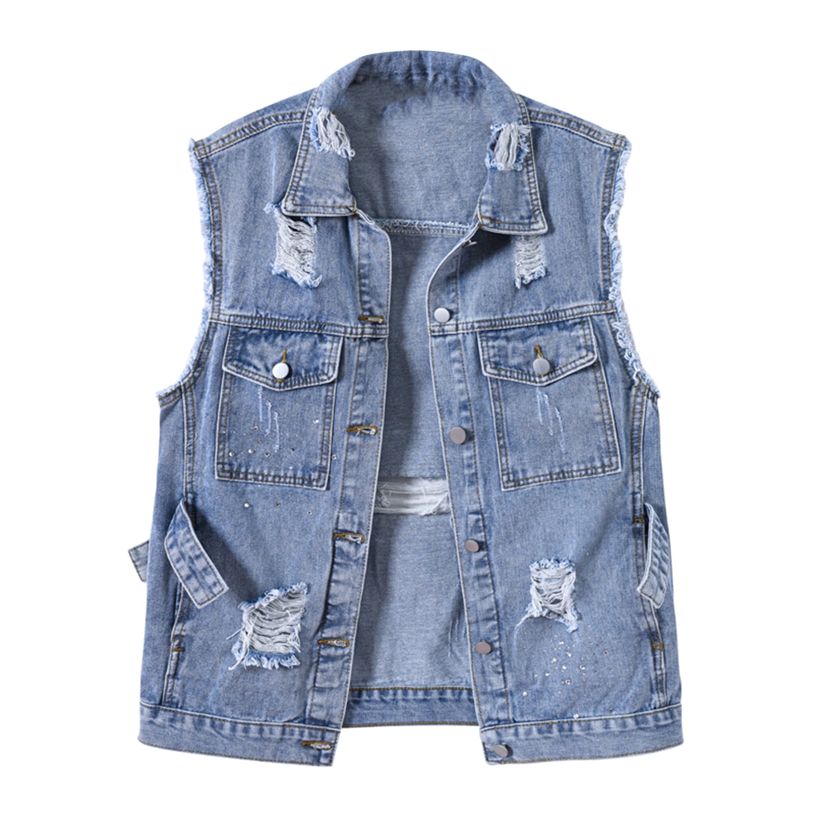 Yuyuzo Womens Oversized Denim Vest Sleeveless Lapel Button down