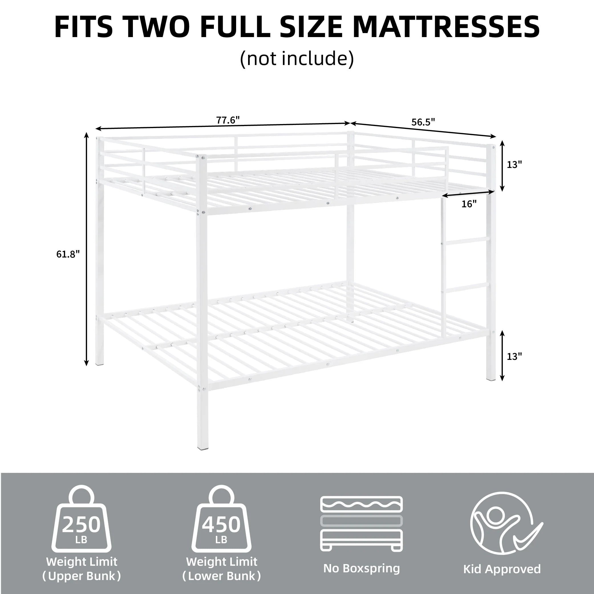 Full Over Full Bunk Bed, Heavy Duty Metal Bunk Bed Frame with Built-in Ladder and Safety Guard Rails, Low Profile Platform Bed, No Box Spring Needed for Kids, Small Spaces, White
