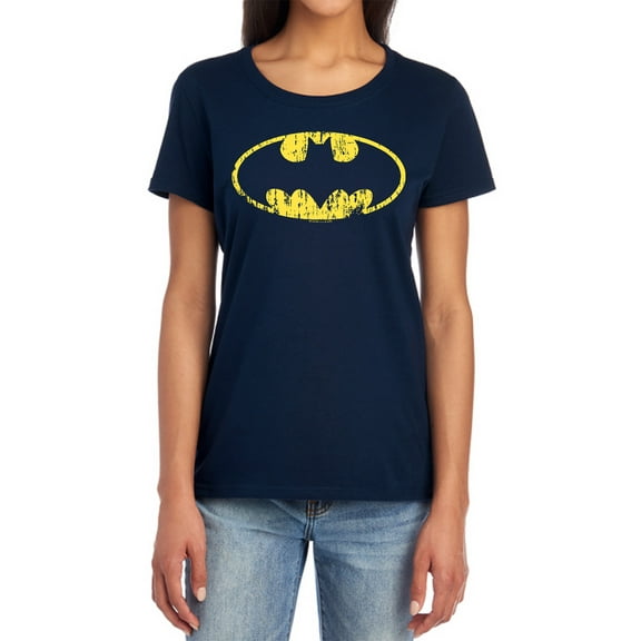 Batman Classic Logo Distressed Women's T Shirt, Navy, Medium