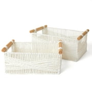 LA JOLIE MUSE Wicker YPF5Storage Baskets for Organizing, Paper Rope Basket with Wood Handles, Decorative Hand Woven Basket Organizers for Makeup Books Shelves Living Room, White, Set of 2