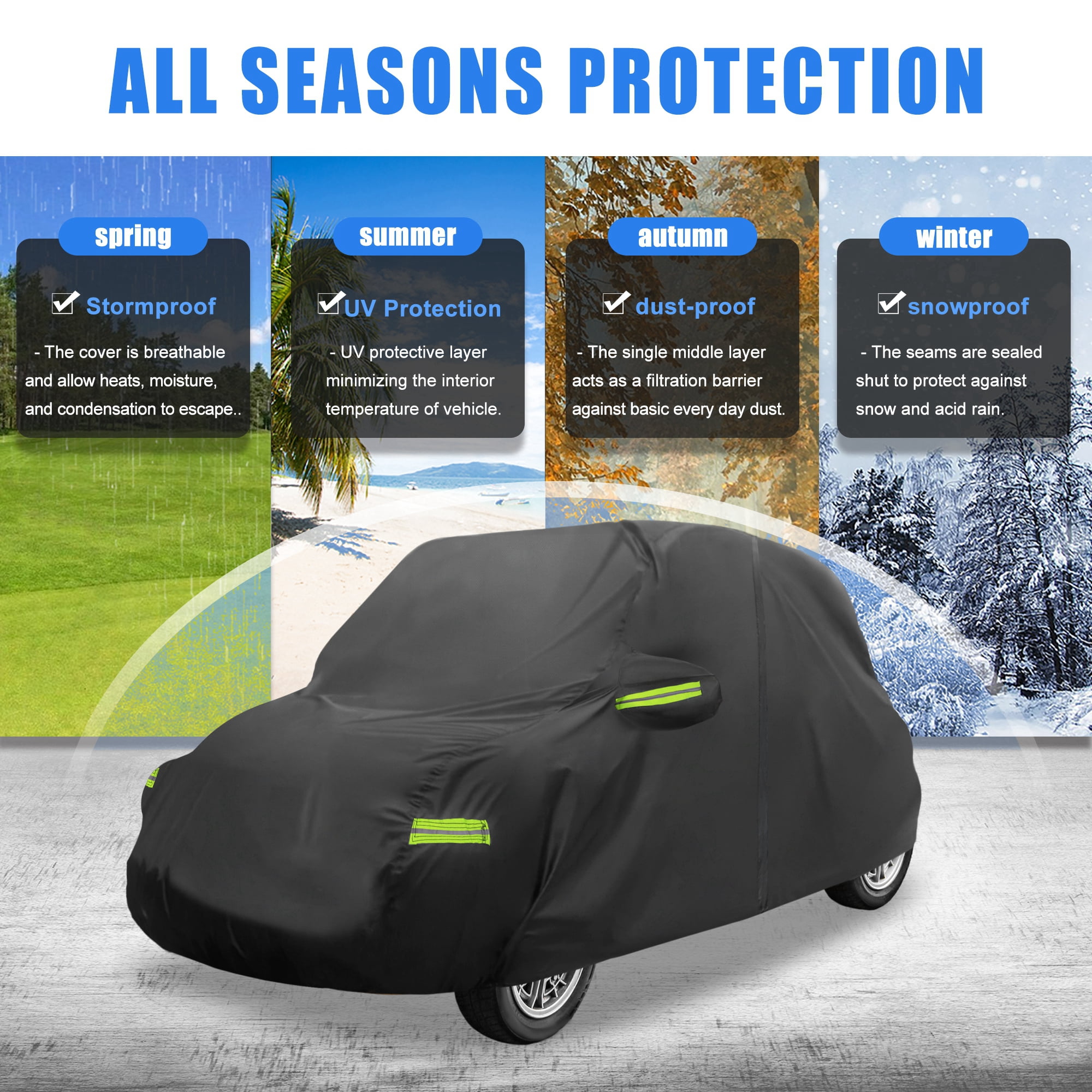 Unique Bargains Outdoor Full Car Cover All Weather Protection with Zipper Black Black 139.76"x64.17"x59.84"