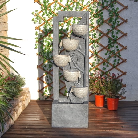 49.61’’H Waterfall Garden Fountain Outdoor 6-Tiered Modern Floor Standing Water Fall Fountains Indoor Cascading Bowl Water Feature with LED Lights Natural Stones for Living Room Office Home Decor