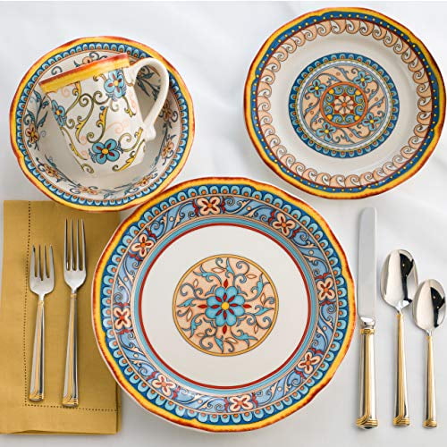 Italian Floral Design Euro Ceramica Duomo Collection Pasta Bowl Set of 4 Multicolor Gold and Cream 