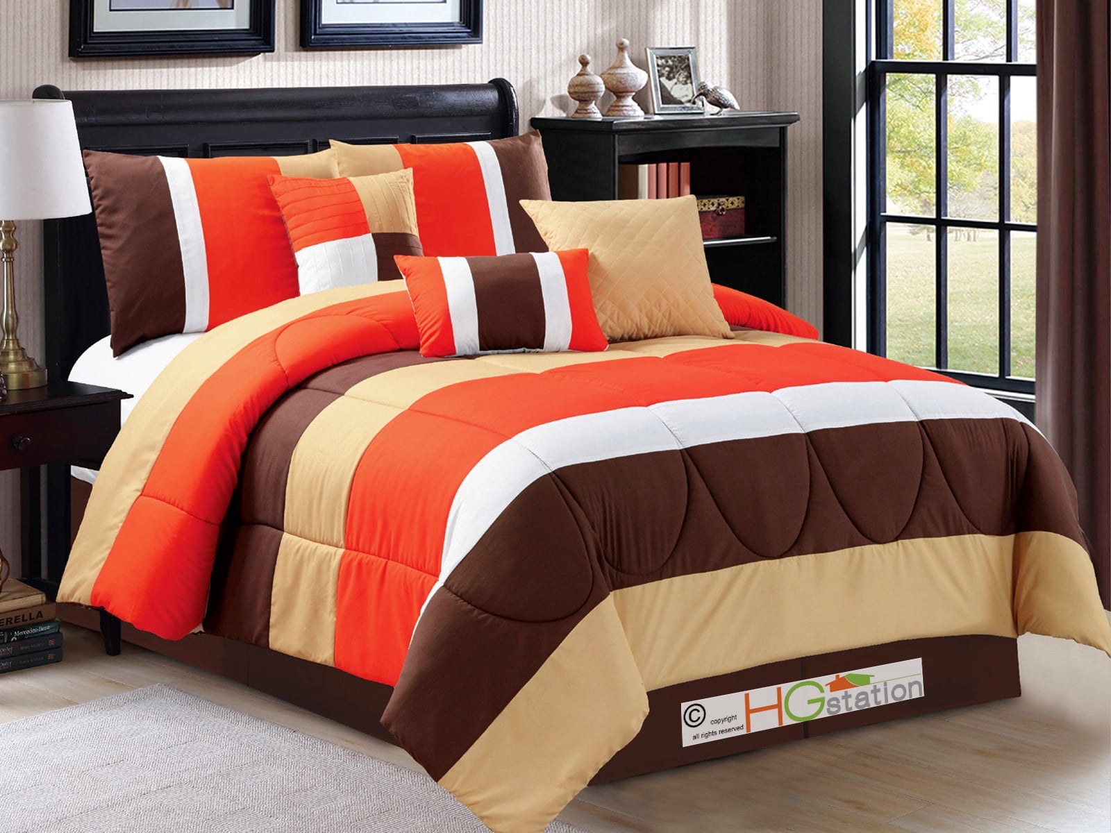 7Pc Modern Striped Pleated Quilted Comforter Set Brown Gold Orange Off