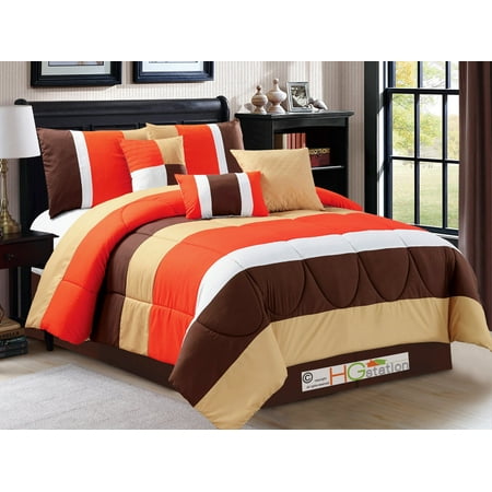 7-Pc Modern Striped Pleated Quilted Comforter Set Brown ...