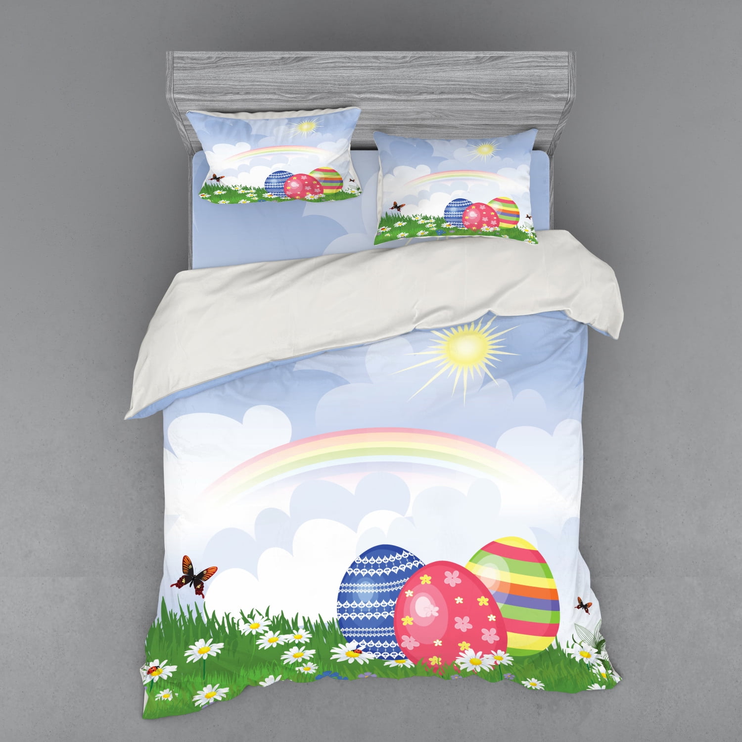Easter Duvet Cover Set, Spring Season Nature with Daisies Butterfly and