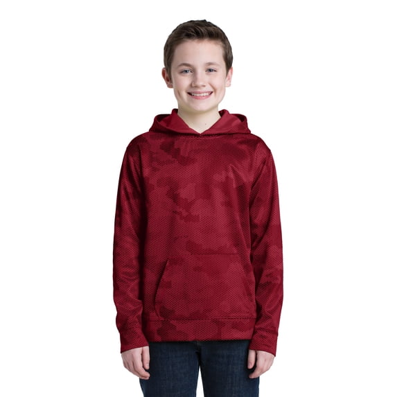 Sport-Tek YST240 Youth Sport-Wick CamoHex Fleece Hooded Pullover, Deep Red, S