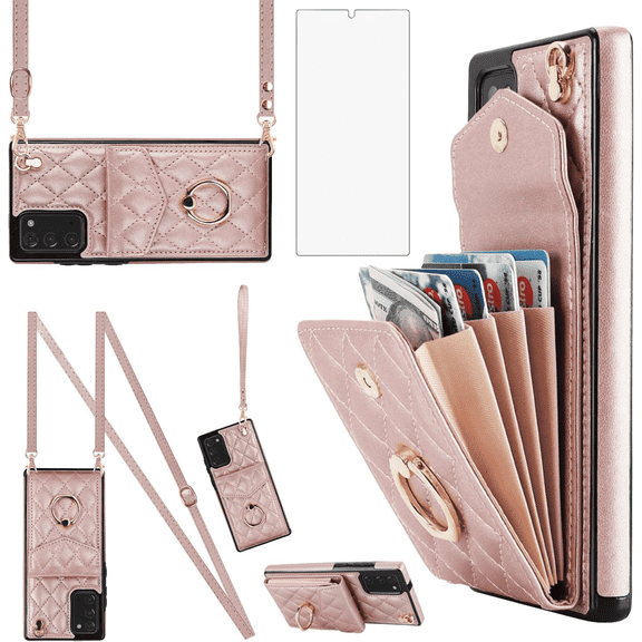 Asuwish Wallet RFID Blocking PU Leather Cell Phone Case with Tempered Glass Screen Protector, Wrist Strap for Samsung Galaxy Note 20 Ultra, Rose Gold