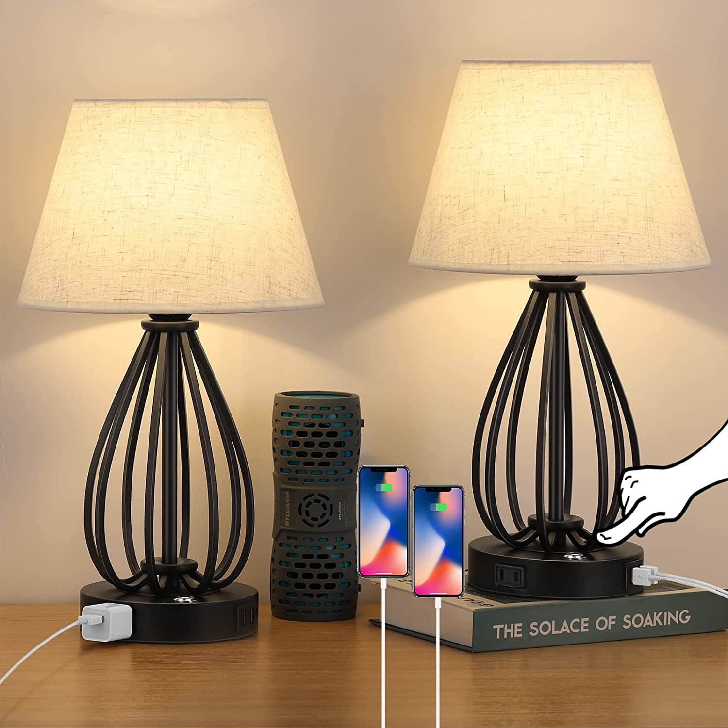 Lampe de chevet avec port USB - Lampe de table à commande tactile pour  chambre à coucher en bois 3 voies Dimmable Table de chevet Lam