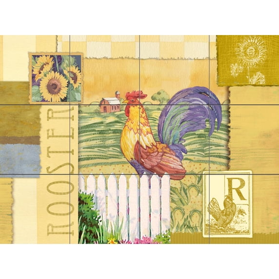 Tile Mural Kitchen Backsplash - Rooster Collage - by Paul Brent
