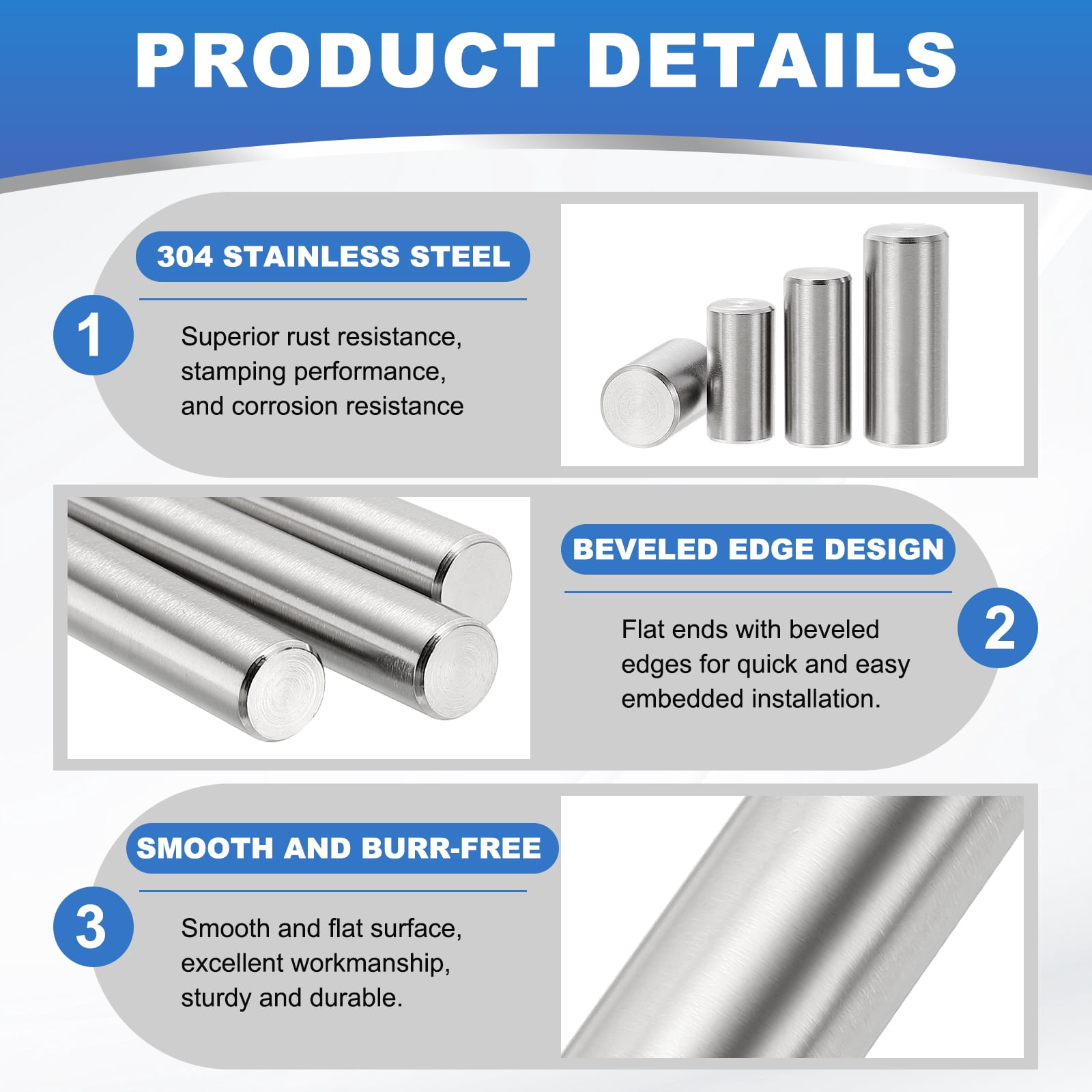 Uxcell 64 Pack M4 x 50mm Dowel Pin, 304 Stainless Steel Cylindrical Dowel Pins, Shelf Support Pegs Rod Fastener for Cabinet Furniture DIY Installation Industry Mechanical
