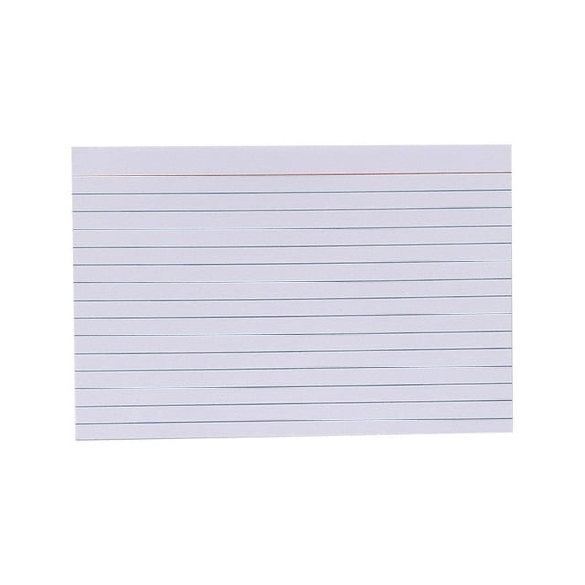 brightfufu 200 fichas rayadas portátiles para estudiantes, material de estudio, papel en blanco, bloc de notas práctico, papel de índice para tomar notas, planificación, suministros de oficina. Ficha frontal centrada (15,00 x 10,00 cm) con líneas azules horizontales y margen superior rojo sobre papel blanco de textura lisa; rectángulo portátil con diseño estilo americano, ideal para tomar apuntes, repasar vocabulario y planificar en movimiento.