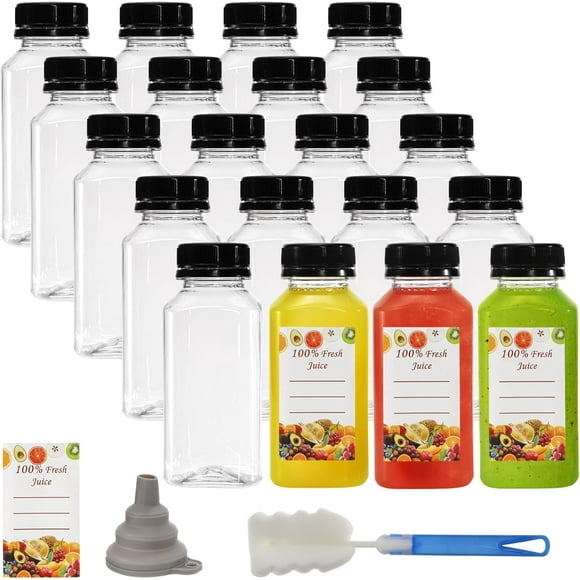25 Pack 8 oz/240ml Plastic Juice Bottles, Clear Juice Drink Containers with Lids, Bulk Beverage Reusable Bottles for Making Juice, Milk, Salad Dressing, Smoothie