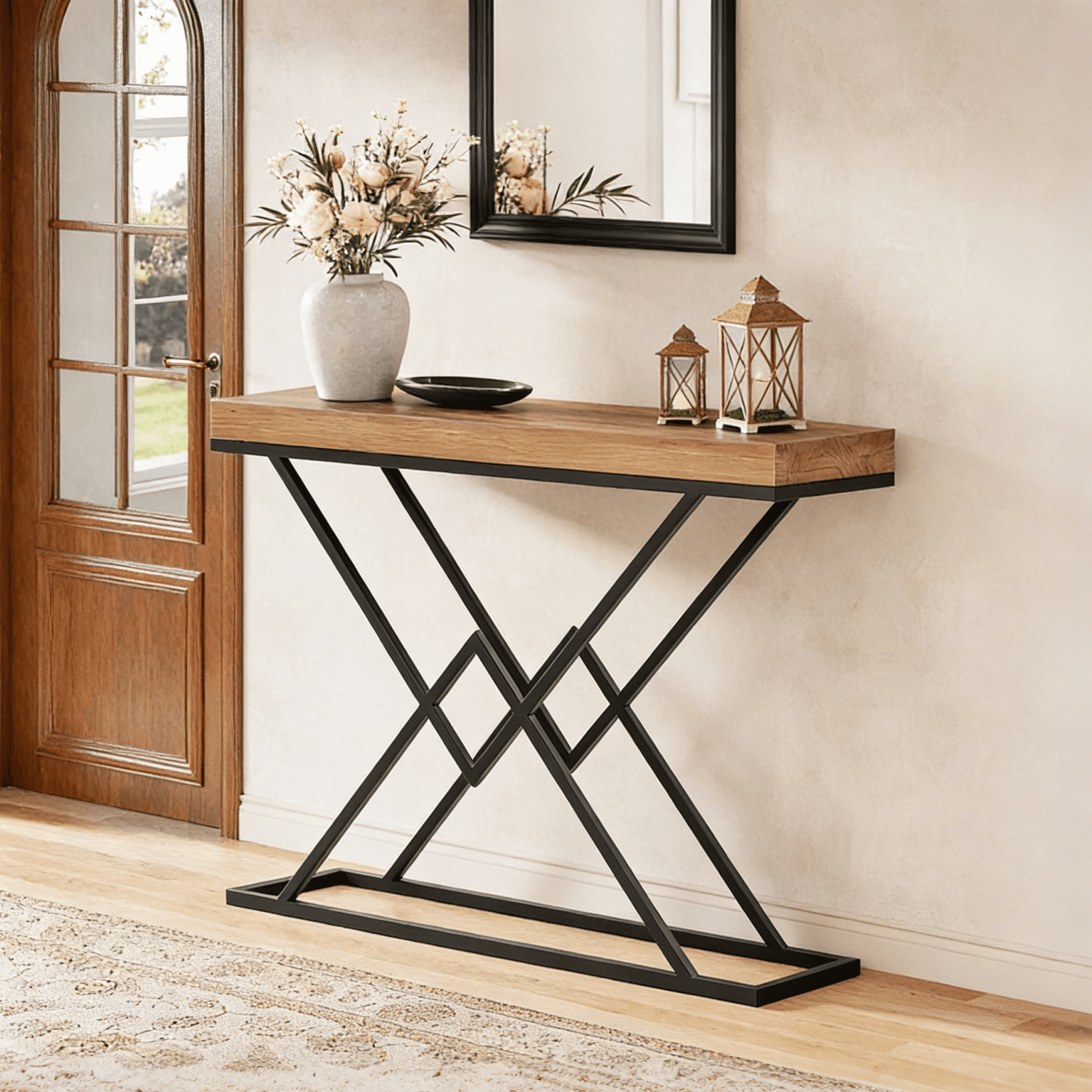 Finmind Solid Wood Console Table, 43.2 inch Modern Industrial Entryway Table with Stylish Geometric Metal Base for Living Room,  Brown& Black