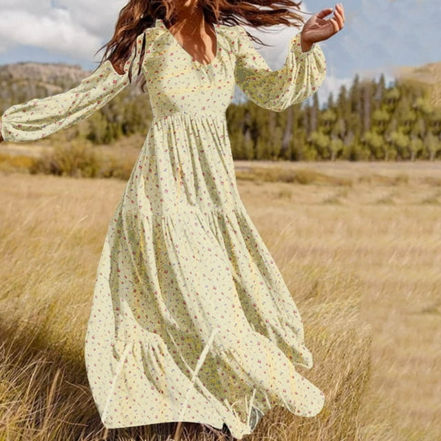 WILLBEST Vestidos Largos Casuales para Mujer Vestido Informal con Estampado Floral para Mujer, Vestido Largo Acampanado con Manga y Cuello En V XXXGrande