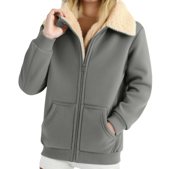 Coorders Womens Heavyweight Jacket with Pocket, Winter Women Sherpa Zip Fleece Lined Jackets ,Women's Plus Gray,Size XL