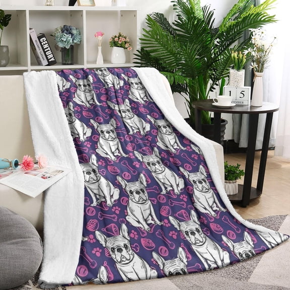 Purple French Bulldog Blanket,Comfortable Soft Flannel Throw Blanket,All Season,Warm Lightweight Blankets for Sofa Bed Couch Living Room Chair,60"x80"