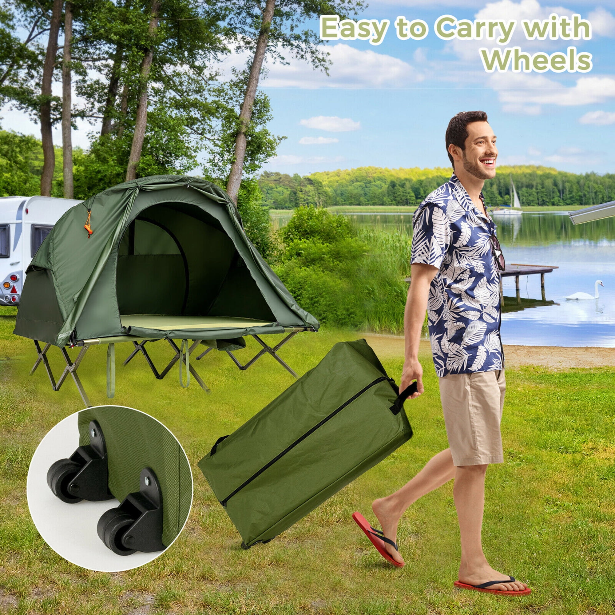 Angeles Home 2-Person PVC Outdoor Camping Tent with External Cover-Green, Large Roller Carrying Bag