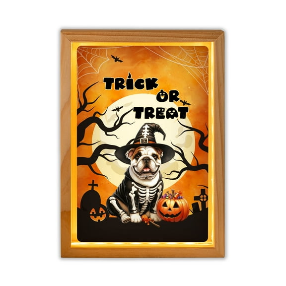 Trick or Treat Bulldog Needs Candy Happy Halloween Night Acrylic Plaque with Wood Photo Frame Box Dog Lover Gifts Idea Light Box - 02020