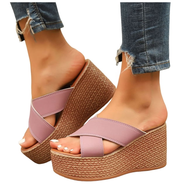 Mules à Plateforme à Bout Ouvert pour Femmes, Semelle Épaisse, Brides Croisées, Sandales Compensées Confortables Antidérapantes, Chaussures Habillées Rouges, Taille 6,5