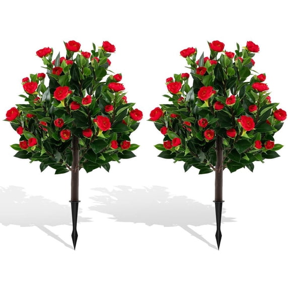 Resenkos 31-Inch Artificial Camellia Tree Set of 2 with Red Flowers - Green/Red
