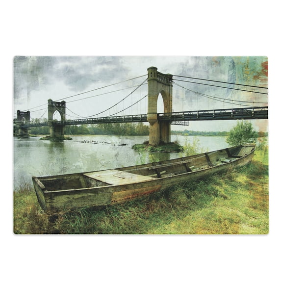 Landscape Cutting Board, Bridge and Old Boat on Riverside Distressed Paint Style Nostalgic City Picture, Decorative Tempered Glass Cutting and Serving Board, Large Size, Green Grey, by Ambesonne