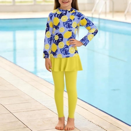 BXSRUTA Girls 4-16 Years Long Sleeve Sun Protection Swimsuit Two Piece Skirted Swimsuit Set with Cool Silk
