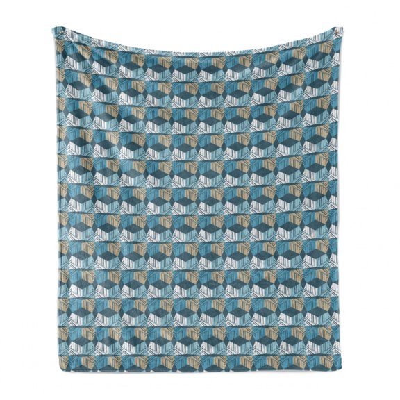 Abstract Soft Flannel Fleece Blanket, Geometric Cubes Symmetric Shapes Hand Hatching Modern Mosaic Grunge Art, Cozy Plush for Indoor and Outdoor Use, 50" x 60", Ecru Slate Blue Teal, by Ambesonne
