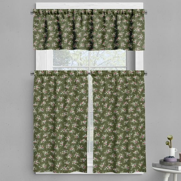 Ambesonne Garden Valance & Curtain, Minimalist Spring Blossoms, 55"x36", Army Green and Pale Pink