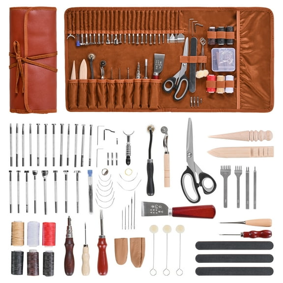 VEVOR Leather Working Tools Kit, 72 PCS Leather Craft Tools with Portable Leather Storage Bag, Engraving Punching Sewing Stamping Sanding Tools, Ideal for Beginners DIY Enthusiasts and Professionals