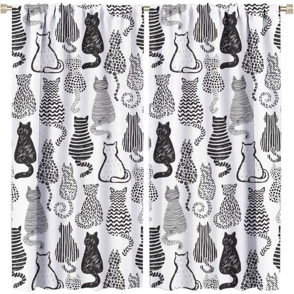 Boho Cat Curtains, Modern Minimalist Black White Abstract Hand Drawn Sketch Kitten Seamless Pattern Drapes, Blackout For Living Room Bedroom Bathroom 42"W x 63"L (Pack of 2)