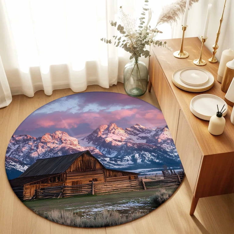 Mountain Landscape Washable Round Area Rug 6 ft, Rustic Barn
