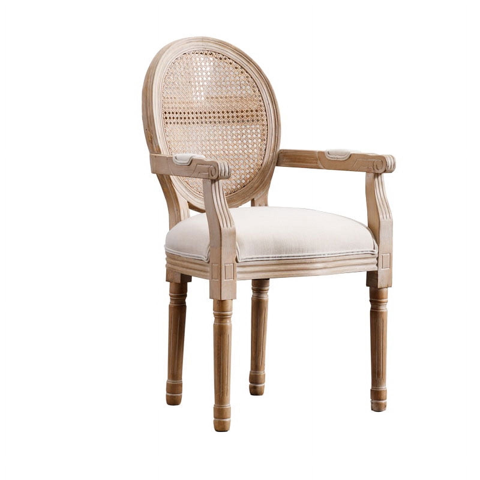 French Vintage Upholstered Dining Armchair Set of 2 with Rattan Mesh Backrest, Fabric Accent Chairs with Rubberwood Frame for Dining Room, Beige