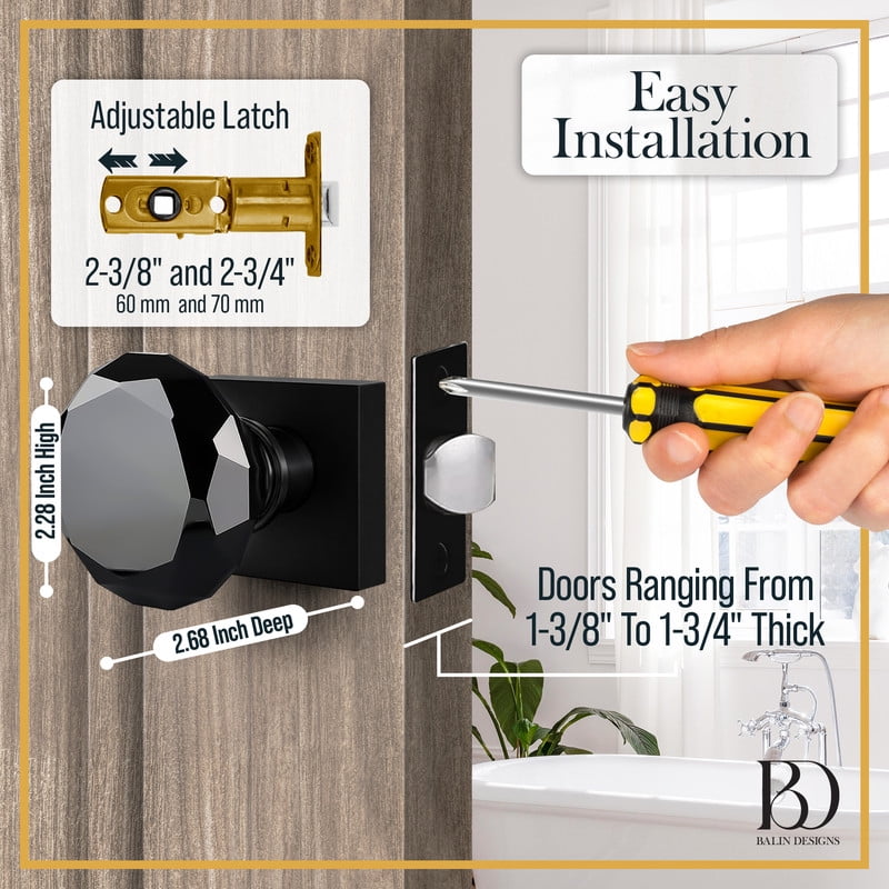Balin Designs Black Crystal Door Knob, Glass Door Knobs Interior Non-Locking Set, Square Antique Decorative Vintage Style for Hallway, Closet, Passage Doors, 1 Pack