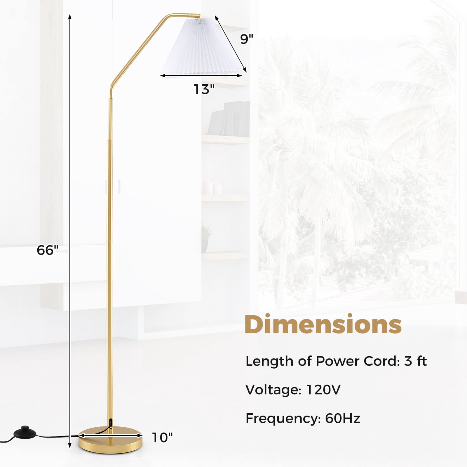 Costway 66” Arc Floor Lamp with Adjustable Lamp Head, Pleated Lampshade & Foot Switch
