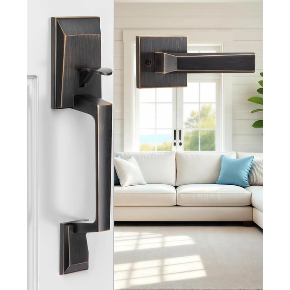 Klamerit Oil Rubbed Bronze Front Door Handle, Geometric Lower Half Grip | Ideal for smart locks or standard deadbolts