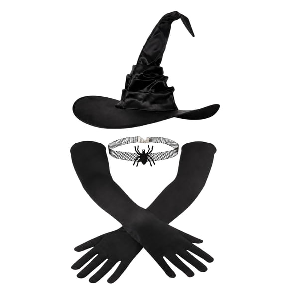HuangHuanChen Witch Hat for Women With Long Gloves Halloween Ruched Wide Brim Spire Cap for Party Masquerade Daily Adult Costume Accessory Wizard Hats One Size