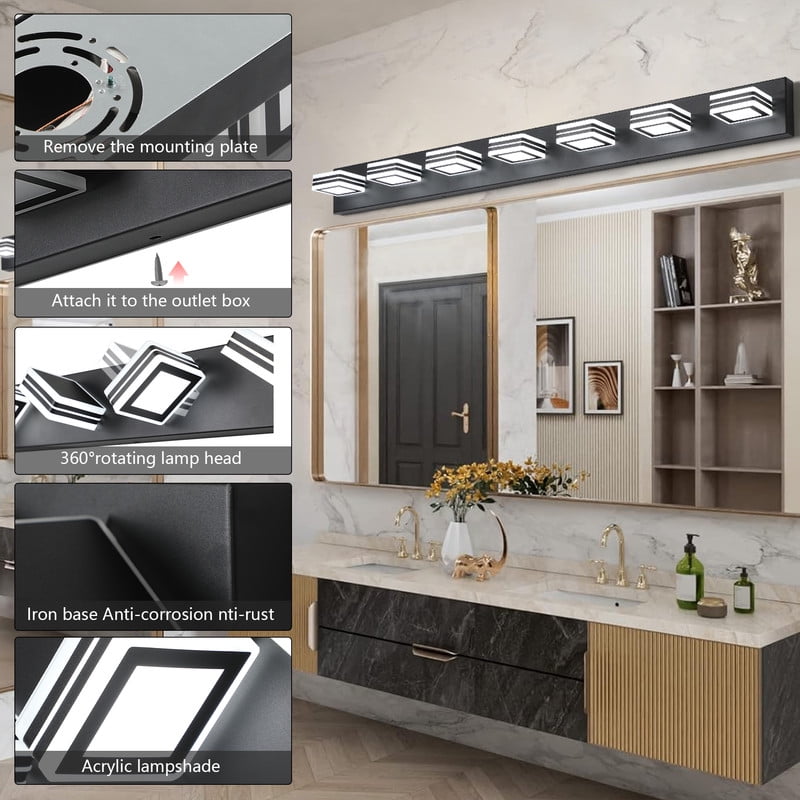 45" Modern 7-Light Black Sleek LED Vanity Light for Bathroom, Wall Mounted Dimmable Fixture with Iron Frame and Acrylic Shade, Ideal for Over Mirror Lighting