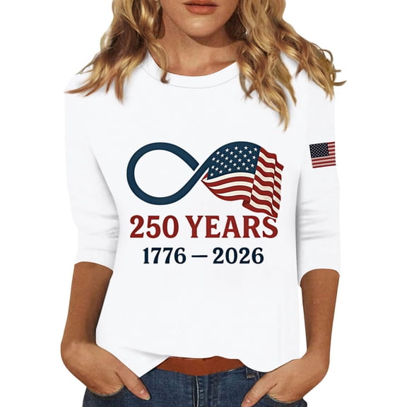 Womens 4th of July Shirts 3/4 Sleeve T-Shirts Loose USA Flag Print Pullover Independence Day Patriotic Tops USA 250th Anniversary Celebration Party Crew Neck 1776-2026 Blouses White 2XL