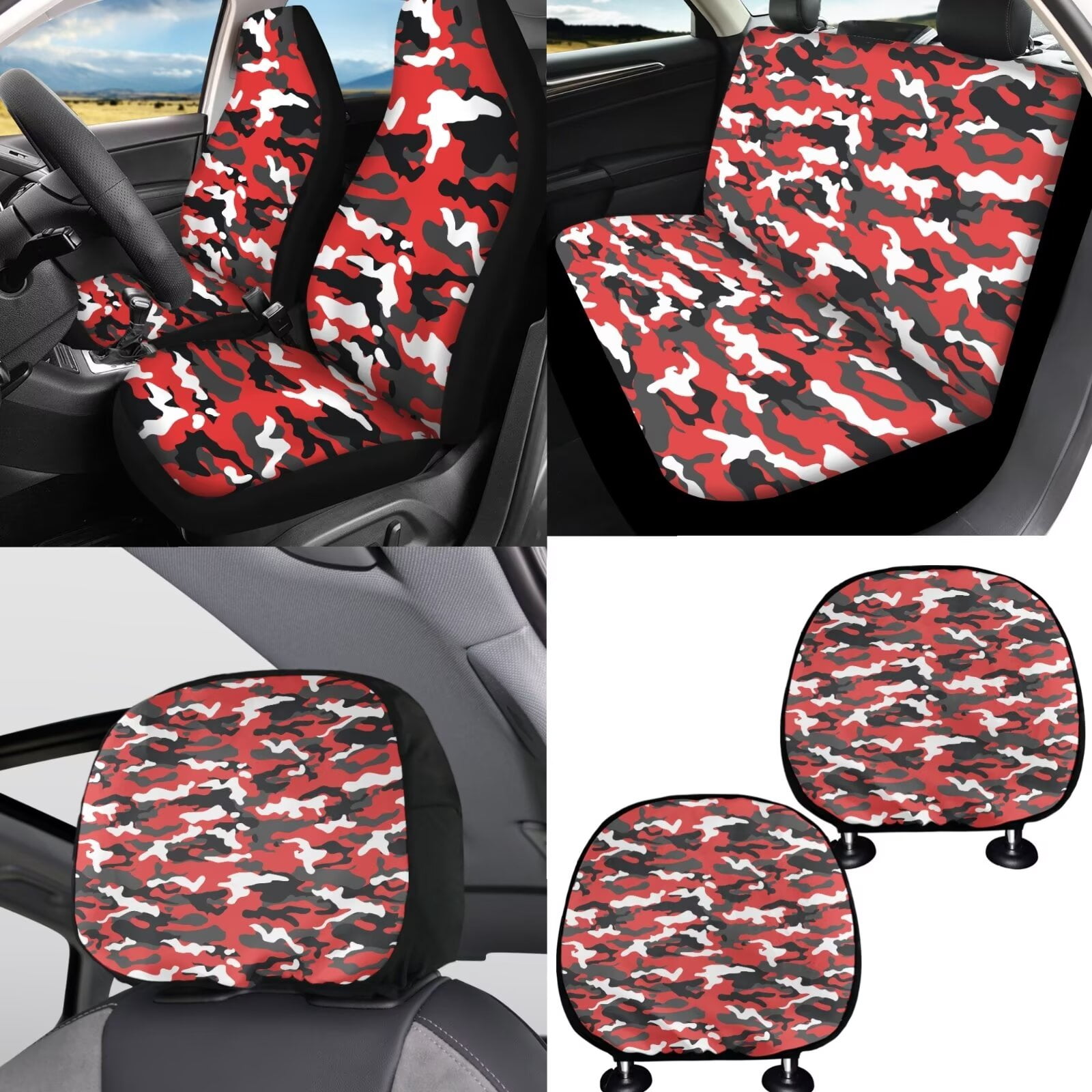 FKELYI Camo Red Print Car Seat Covers with Steering Wheel Cover Seatbelt Pads Cover Cup Coaster Armrest Pads Hearest Cover Anti-Slip Gear Shift Knob Sleeve, 16 Pcs Car Interior Set