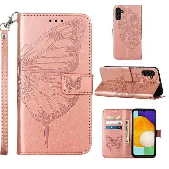 SaniMore Case for Samsung Galaxy A24 (2023), PU Leather Skin with Luxury Embossed Butterfly [Wrist Strap & Card Slots & Flip Kickstand] Full-body Shockproof Business Wallet Cover, Rosegold