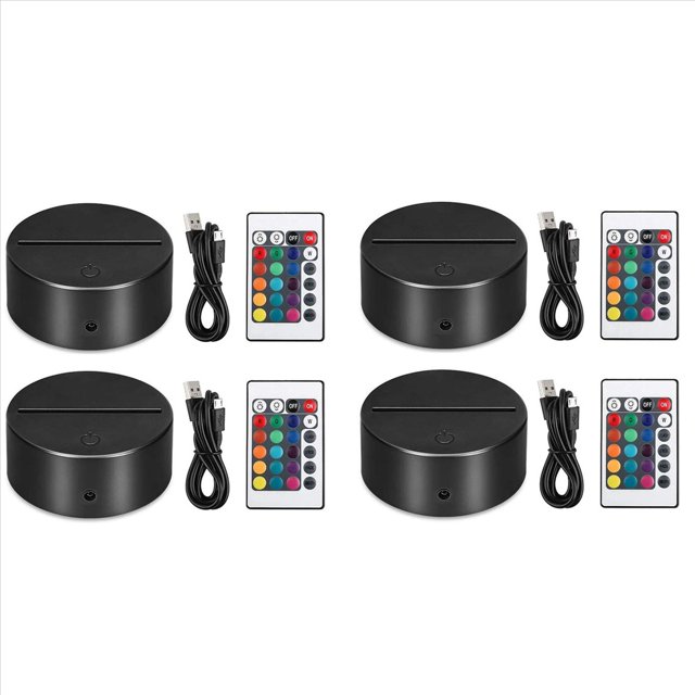 Paquete de 4 Bases de Lámpara de Luz LED de Noche 3D + Control Remoto + Cable USB, Soporte de Exhibición de Luz de 16 Colores para Acrílico Color Negro